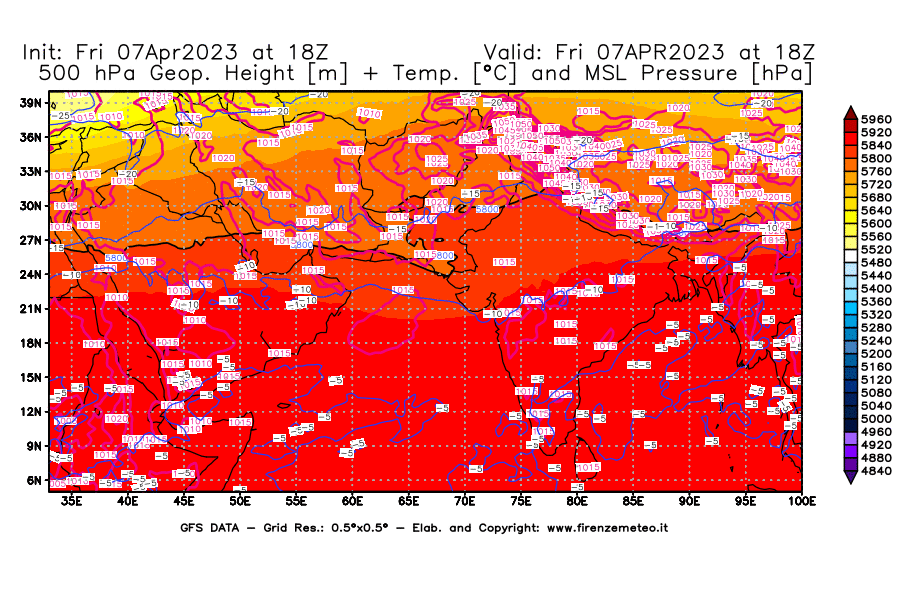 Mappa di analisi GFS - Geopotenziale [m] + Temp. [°C] a 500 hPa + Press. a livello del mare [hPa] in Asia Sud-Occidentale
							del 07/04/2023 18 <!--googleoff: index-->UTC<!--googleon: index-->