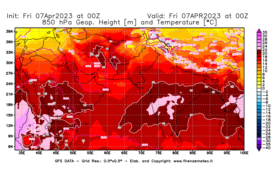 Mappa di analisi GFS - Geopotenziale [m] e Temperatura [°C] a 850 hPa in Asia Sud-Occidentale
							del 07/04/2023 00 <!--googleoff: index-->UTC<!--googleon: index-->