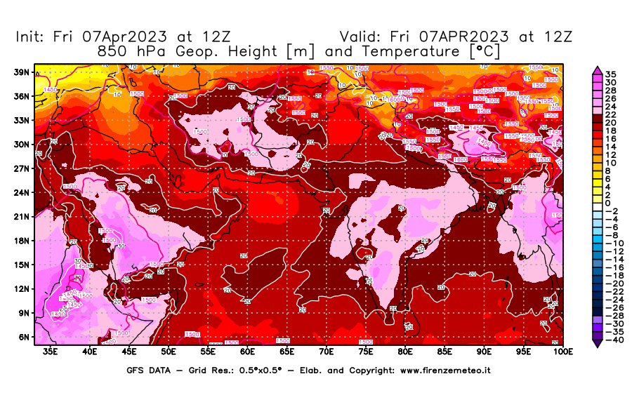 Mappa di analisi GFS - Geopotenziale [m] e Temperatura [°C] a 850 hPa in Asia Sud-Occidentale
							del 07/04/2023 12 <!--googleoff: index-->UTC<!--googleon: index-->