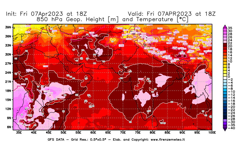 Mappa di analisi GFS - Geopotenziale [m] e Temperatura [°C] a 850 hPa in Asia Sud-Occidentale
							del 07/04/2023 18 <!--googleoff: index-->UTC<!--googleon: index-->