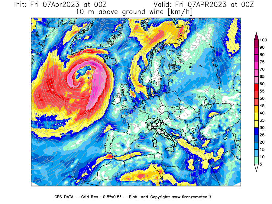 Mappa di analisi GFS - Velocità del vento a 10 metri dal suolo [km/h] in Europa
							del 07/04/2023 00 <!--googleoff: index-->UTC<!--googleon: index-->