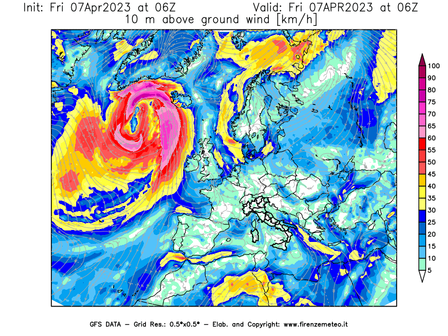 Mappa di analisi GFS - Velocità del vento a 10 metri dal suolo [km/h] in Europa
							del 07/04/2023 06 <!--googleoff: index-->UTC<!--googleon: index-->