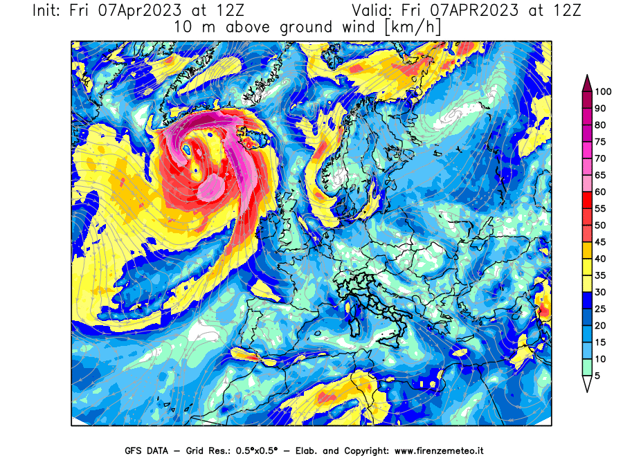 Mappa di analisi GFS - Velocità del vento a 10 metri dal suolo [km/h] in Europa
							del 07/04/2023 12 <!--googleoff: index-->UTC<!--googleon: index-->