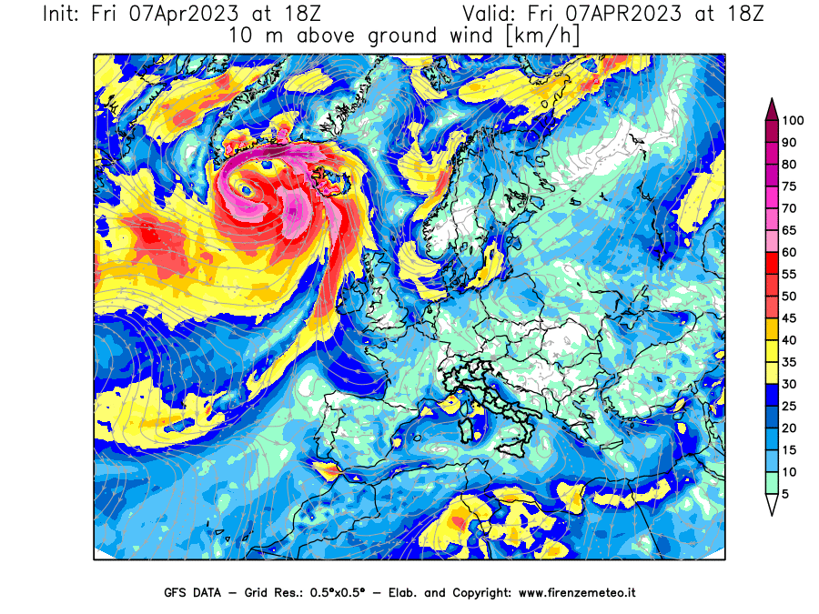 Mappa di analisi GFS - Velocità del vento a 10 metri dal suolo [km/h] in Europa
							del 07/04/2023 18 <!--googleoff: index-->UTC<!--googleon: index-->
