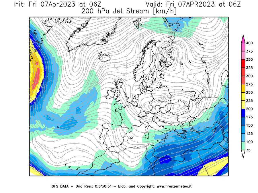 Mappa di analisi GFS - Jet Stream a 200 hPa in Europa
							del 07/04/2023 06 <!--googleoff: index-->UTC<!--googleon: index-->