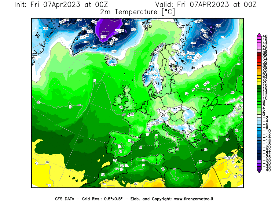 Mappa di analisi GFS - Temperatura a 2 metri dal suolo [°C] in Europa
							del 07/04/2023 00 <!--googleoff: index-->UTC<!--googleon: index-->