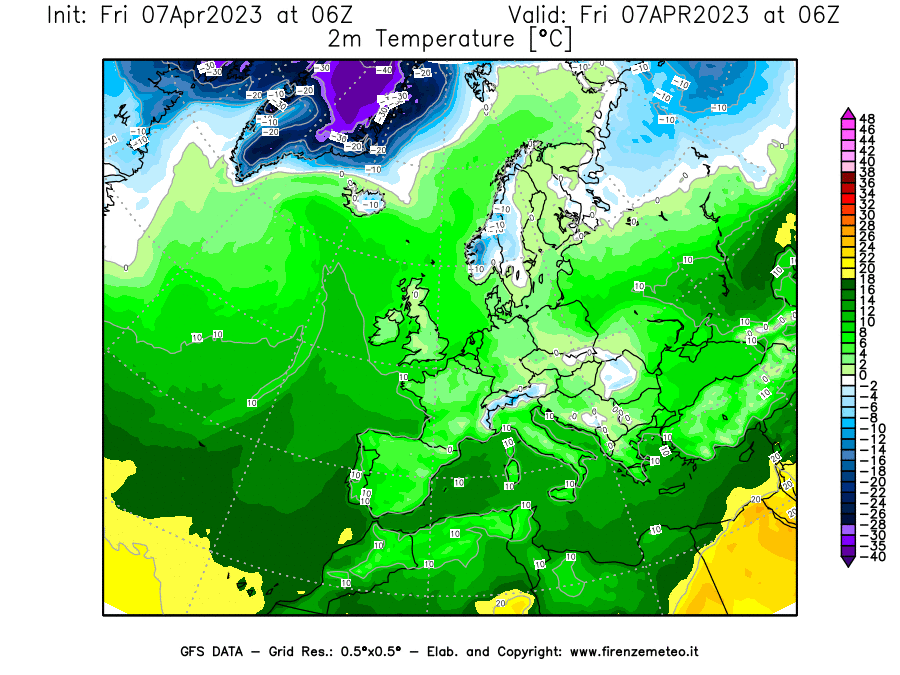 Mappa di analisi GFS - Temperatura a 2 metri dal suolo [°C] in Europa
							del 07/04/2023 06 <!--googleoff: index-->UTC<!--googleon: index-->