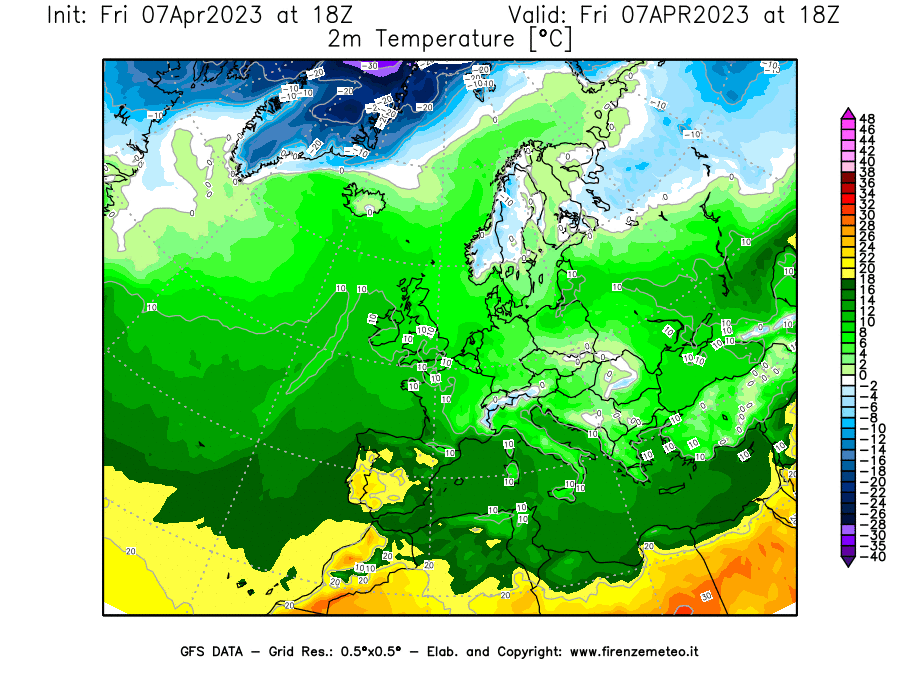 Mappa di analisi GFS - Temperatura a 2 metri dal suolo [°C] in Europa
							del 07/04/2023 18 <!--googleoff: index-->UTC<!--googleon: index-->