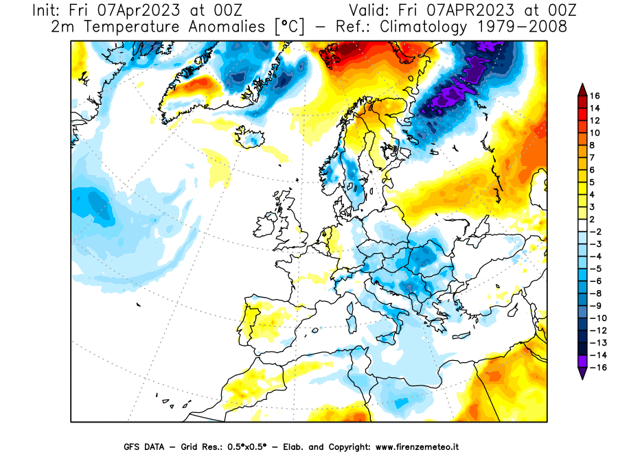 Mappa di analisi GFS - Anomalia Temperatura [°C] a 2 m in Europa
							del 07/04/2023 00 <!--googleoff: index-->UTC<!--googleon: index-->
