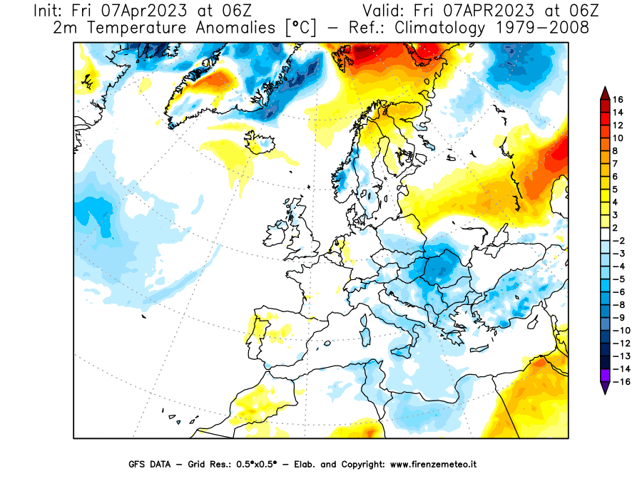 Mappa di analisi GFS - Anomalia Temperatura [°C] a 2 m in Europa
							del 07/04/2023 06 <!--googleoff: index-->UTC<!--googleon: index-->