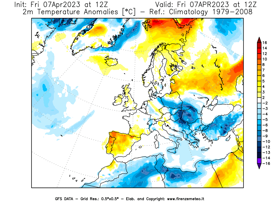 Mappa di analisi GFS - Anomalia Temperatura [°C] a 2 m in Europa
							del 07/04/2023 12 <!--googleoff: index-->UTC<!--googleon: index-->