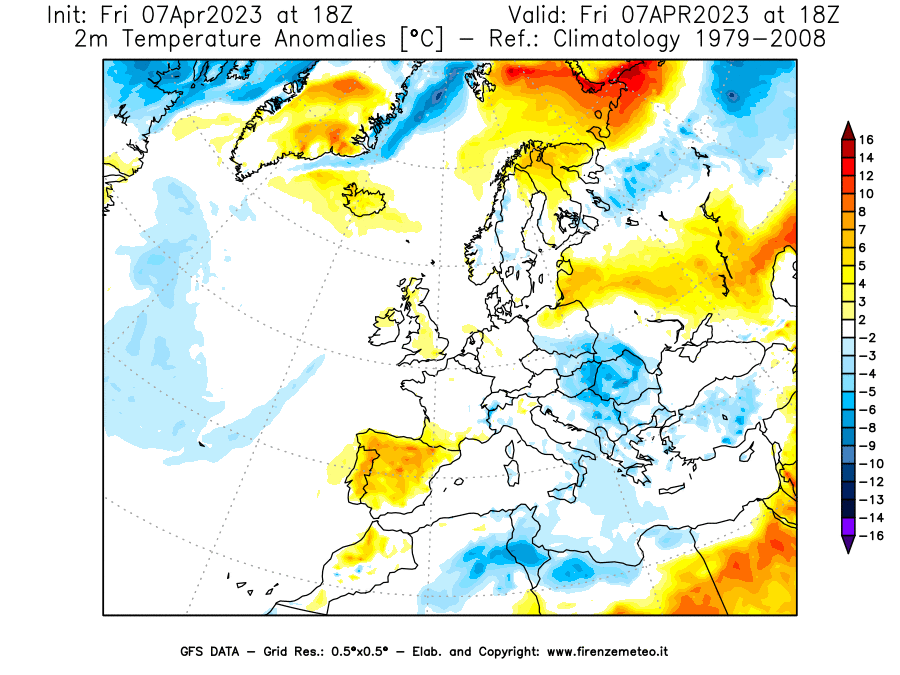 Mappa di analisi GFS - Anomalia Temperatura [°C] a 2 m in Europa
							del 07/04/2023 18 <!--googleoff: index-->UTC<!--googleon: index-->