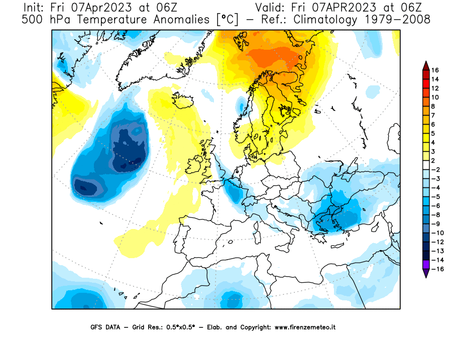 Mappa di analisi GFS - Anomalia Temperatura [°C] a 500 hPa in Europa
							del 07/04/2023 06 <!--googleoff: index-->UTC<!--googleon: index-->