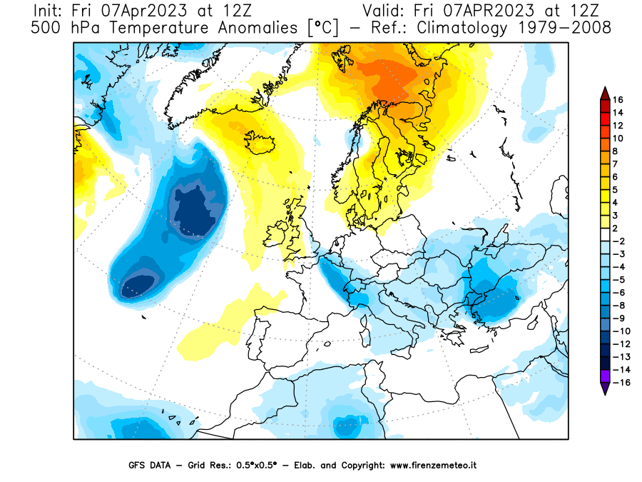 Mappa di analisi GFS - Anomalia Temperatura [°C] a 500 hPa in Europa
							del 07/04/2023 12 <!--googleoff: index-->UTC<!--googleon: index-->