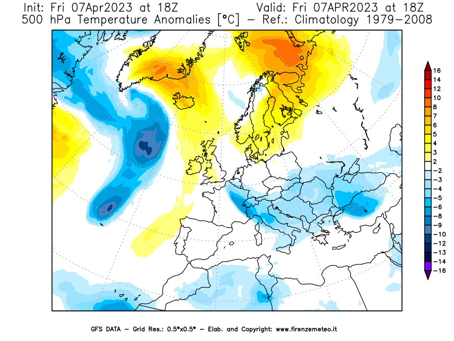 Mappa di analisi GFS - Anomalia Temperatura [°C] a 500 hPa in Europa
							del 07/04/2023 18 <!--googleoff: index-->UTC<!--googleon: index-->