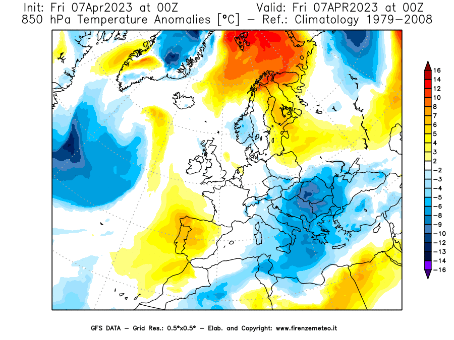 Mappa di analisi GFS - Anomalia Temperatura [°C] a 850 hPa in Europa
							del 07/04/2023 00 <!--googleoff: index-->UTC<!--googleon: index-->