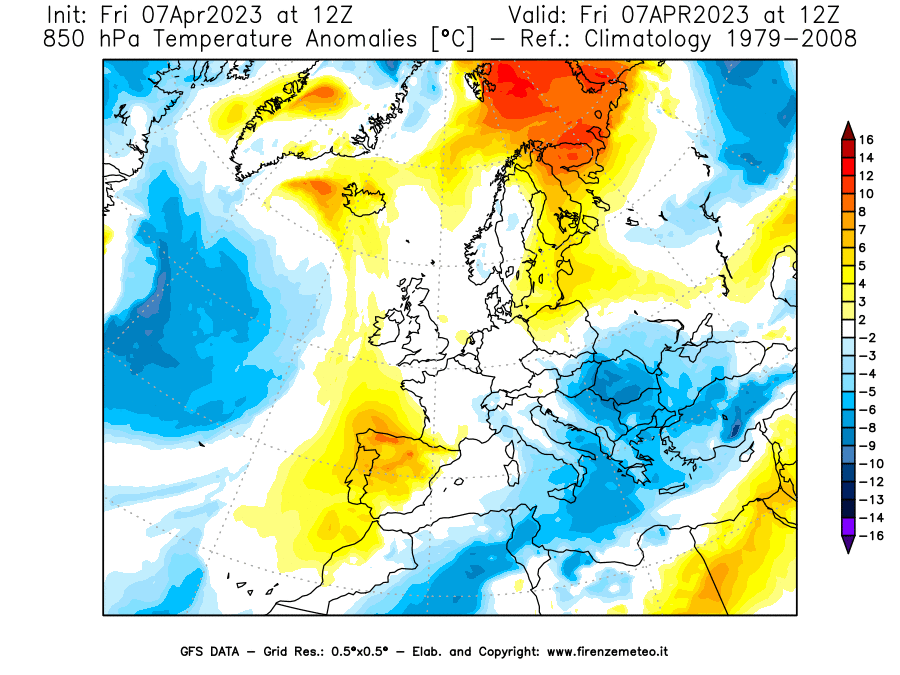 Mappa di analisi GFS - Anomalia Temperatura [°C] a 850 hPa in Europa
							del 07/04/2023 12 <!--googleoff: index-->UTC<!--googleon: index-->