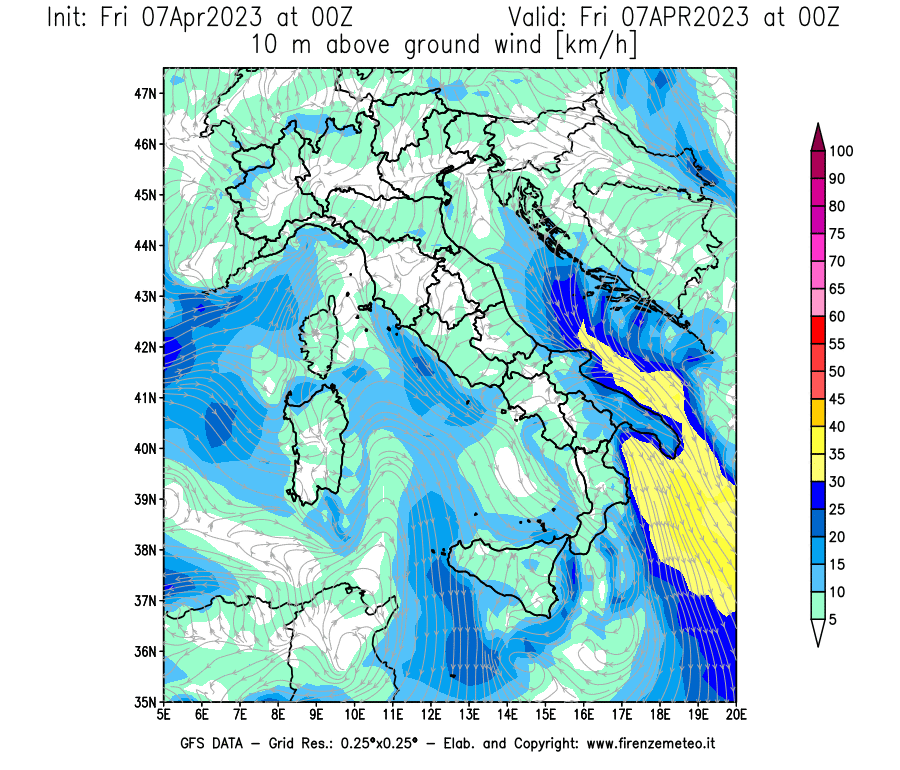 Mappa di analisi GFS - Velocità del vento a 10 metri dal suolo [km/h] in Italia
							del 07/04/2023 00 <!--googleoff: index-->UTC<!--googleon: index-->