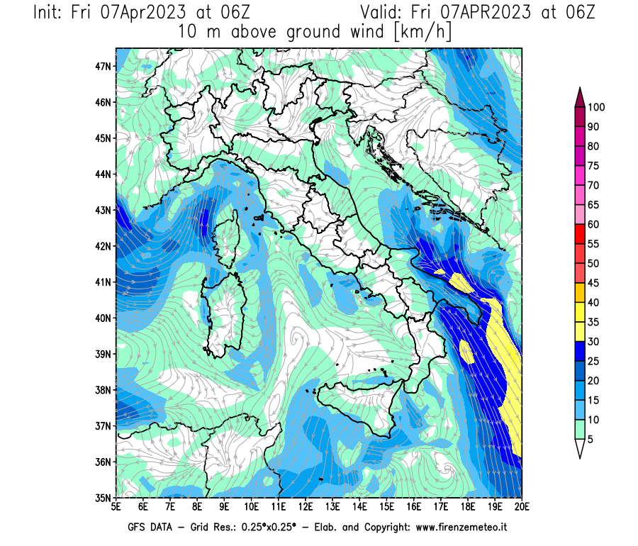Mappa di analisi GFS - Velocità del vento a 10 metri dal suolo [km/h] in Italia
							del 07/04/2023 06 <!--googleoff: index-->UTC<!--googleon: index-->