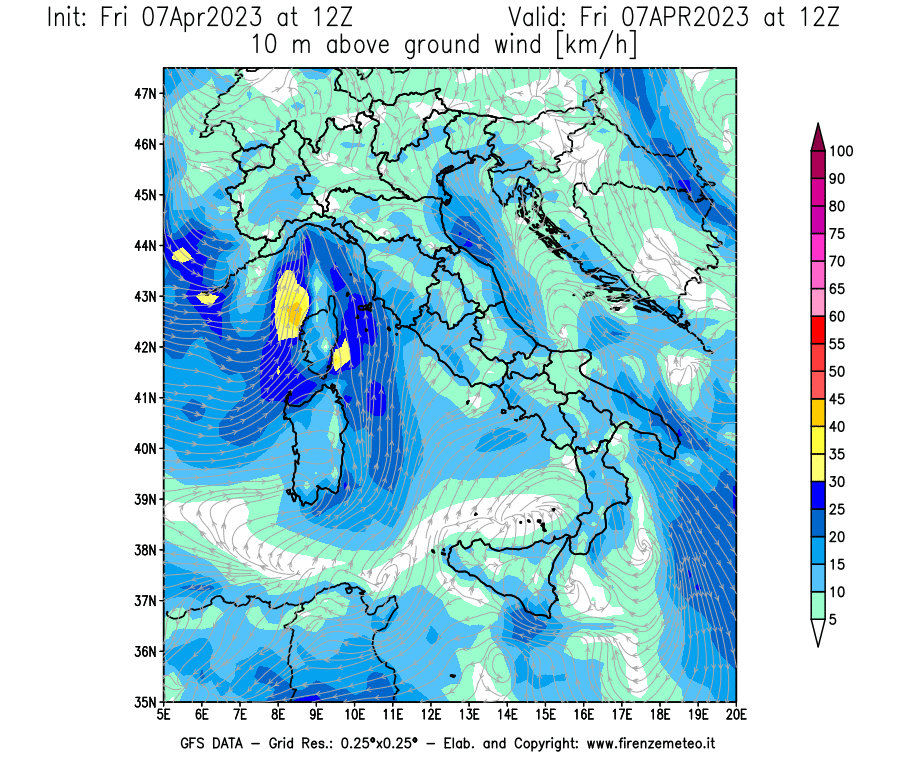 Mappa di analisi GFS - Velocità del vento a 10 metri dal suolo [km/h] in Italia
							del 07/04/2023 12 <!--googleoff: index-->UTC<!--googleon: index-->
