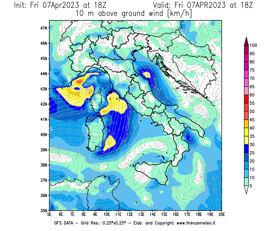 Mappa di analisi GFS - Velocità del vento a 10 metri dal suolo [km/h] in Italia
							del 07/04/2023 18 <!--googleoff: index-->UTC<!--googleon: index-->