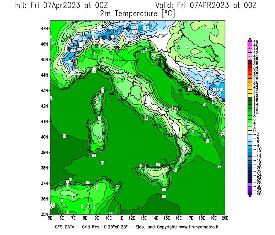Mappa di analisi GFS - Temperatura a 2 metri dal suolo [°C] in Italia
							del 07/04/2023 00 <!--googleoff: index-->UTC<!--googleon: index-->