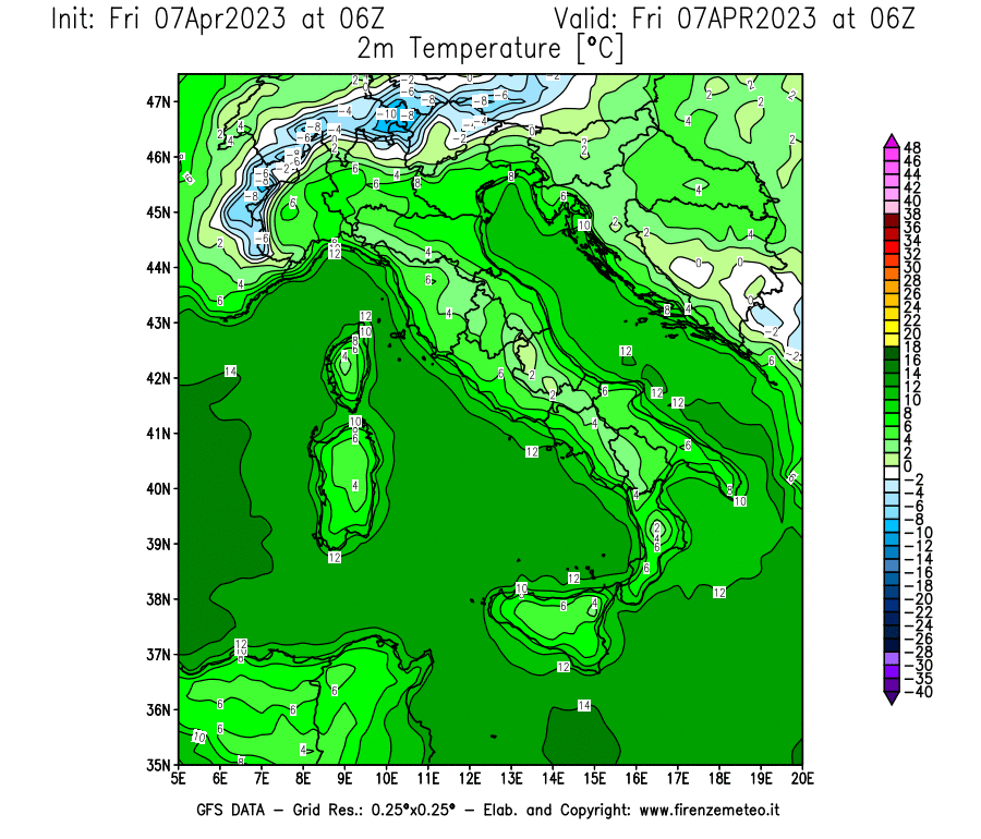 Mappa di analisi GFS - Temperatura a 2 metri dal suolo [°C] in Italia
							del 07/04/2023 06 <!--googleoff: index-->UTC<!--googleon: index-->