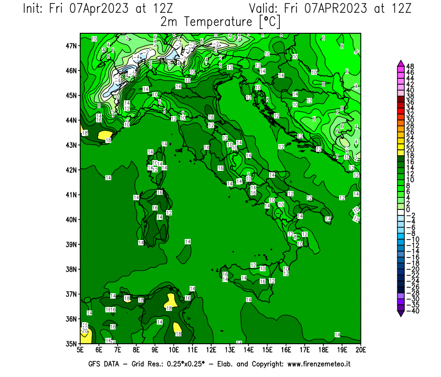 Mappa di analisi GFS - Temperatura a 2 metri dal suolo [°C] in Italia
							del 07/04/2023 12 <!--googleoff: index-->UTC<!--googleon: index-->
