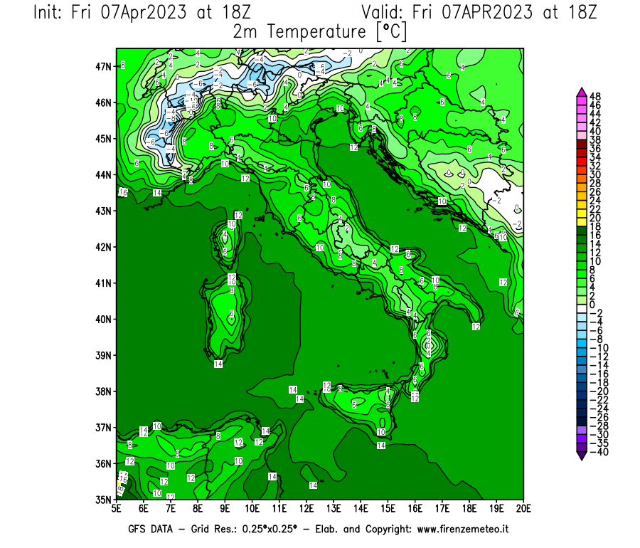 Mappa di analisi GFS - Temperatura a 2 metri dal suolo [°C] in Italia
							del 07/04/2023 18 <!--googleoff: index-->UTC<!--googleon: index-->