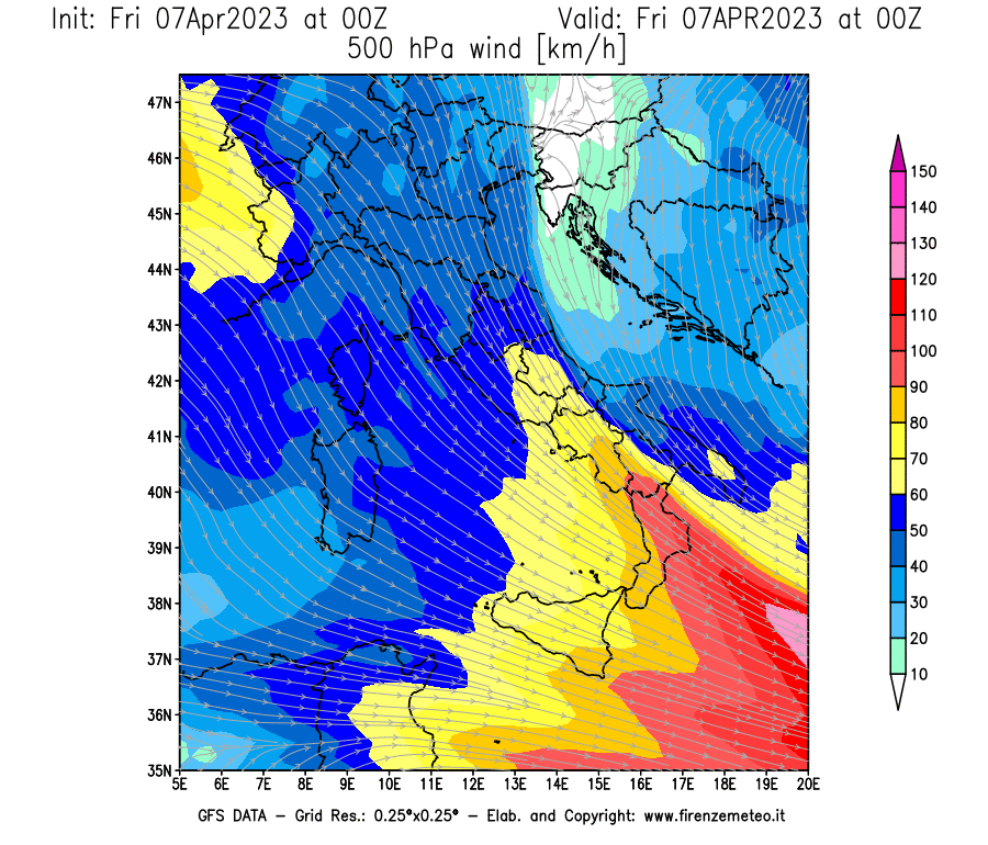 Mappa di analisi GFS - Velocità del vento a 500 hPa [km/h] in Italia
							del 07/04/2023 00 <!--googleoff: index-->UTC<!--googleon: index-->