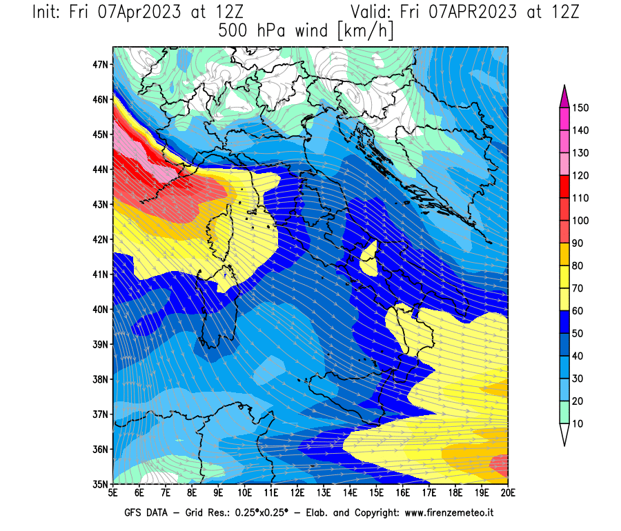 Mappa di analisi GFS - Velocità del vento a 500 hPa [km/h] in Italia
							del 07/04/2023 12 <!--googleoff: index-->UTC<!--googleon: index-->