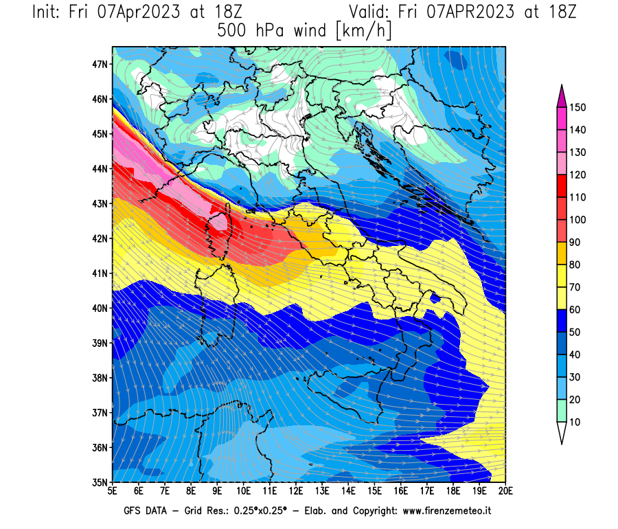Mappa di analisi GFS - Velocità del vento a 500 hPa [km/h] in Italia
							del 07/04/2023 18 <!--googleoff: index-->UTC<!--googleon: index-->