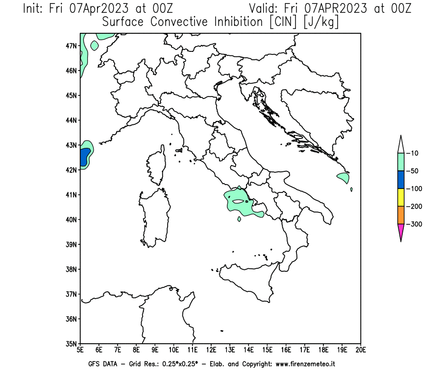 Mappa di analisi GFS - CIN [J/kg] in Italia
							del 07/04/2023 00 <!--googleoff: index-->UTC<!--googleon: index-->