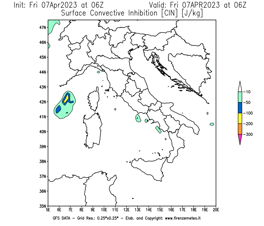Mappa di analisi GFS - CIN [J/kg] in Italia
							del 07/04/2023 06 <!--googleoff: index-->UTC<!--googleon: index-->