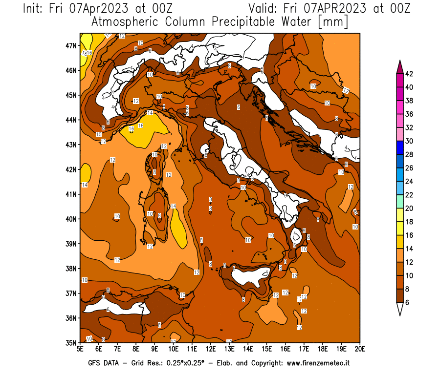 Mappa di analisi GFS - Precipitable Water [mm] in Italia
							del 07/04/2023 00 <!--googleoff: index-->UTC<!--googleon: index-->