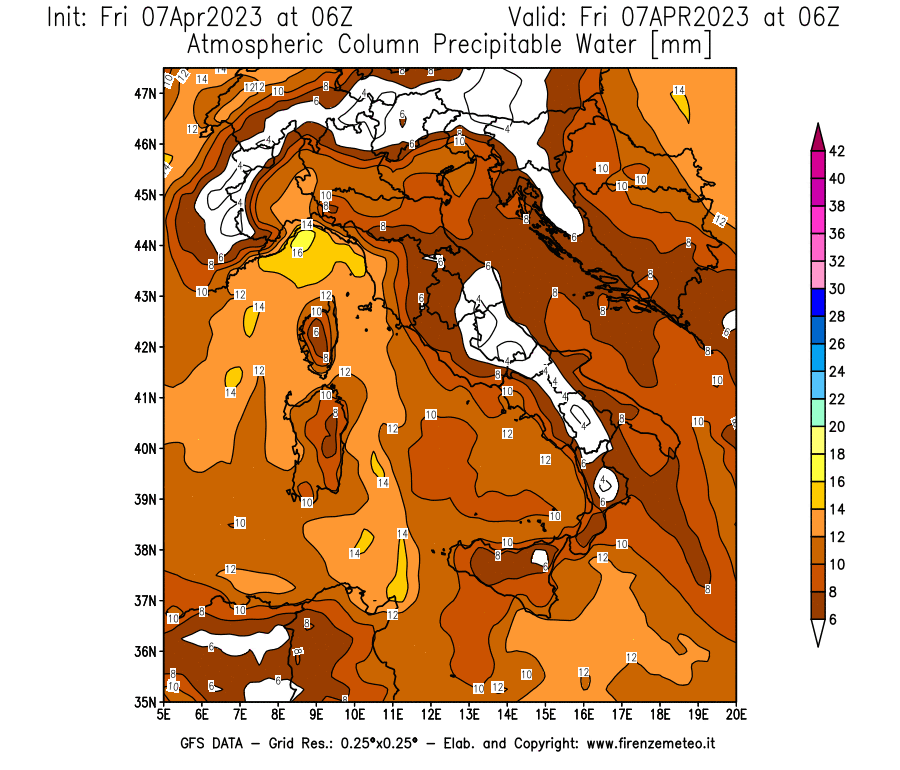 Mappa di analisi GFS - Precipitable Water [mm] in Italia
							del 07/04/2023 06 <!--googleoff: index-->UTC<!--googleon: index-->