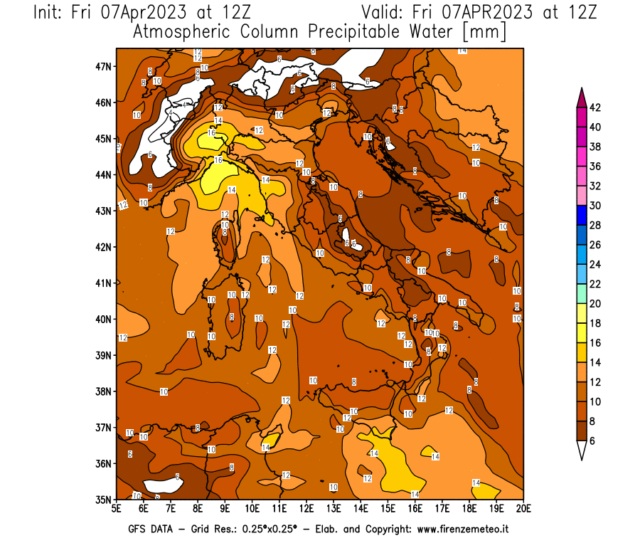 Mappa di analisi GFS - Precipitable Water [mm] in Italia
							del 07/04/2023 12 <!--googleoff: index-->UTC<!--googleon: index-->