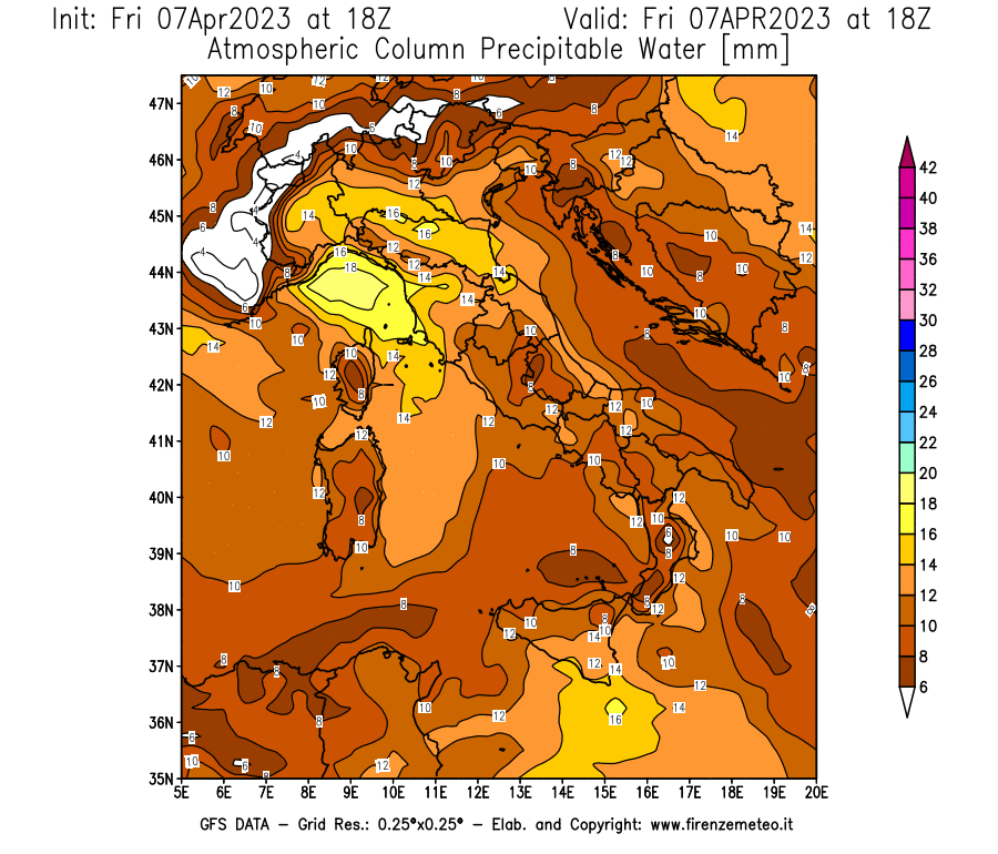 Mappa di analisi GFS - Precipitable Water [mm] in Italia
							del 07/04/2023 18 <!--googleoff: index-->UTC<!--googleon: index-->