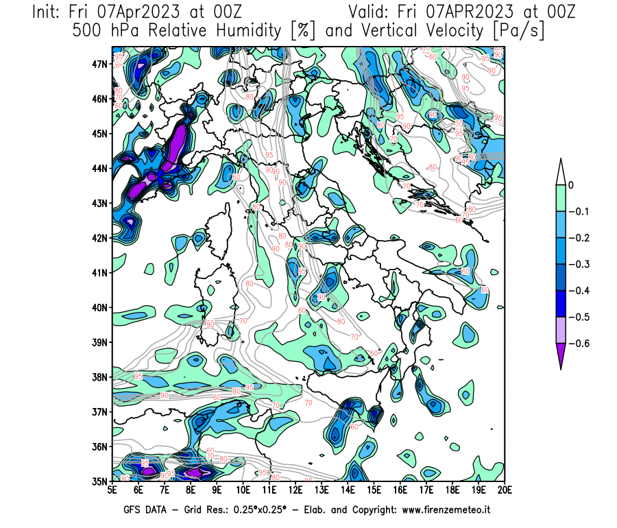 Mappa di analisi GFS - Umidità relativa [%] e Omega [Pa/s] a 500 hPa in Italia
							del 07/04/2023 00 <!--googleoff: index-->UTC<!--googleon: index-->