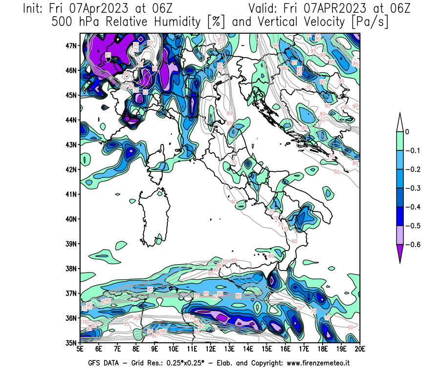 Mappa di analisi GFS - Umidità relativa [%] e Omega [Pa/s] a 500 hPa in Italia
							del 07/04/2023 06 <!--googleoff: index-->UTC<!--googleon: index-->