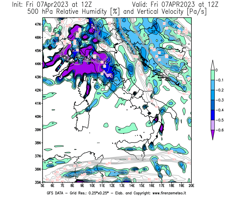 Mappa di analisi GFS - Umidità relativa [%] e Omega [Pa/s] a 500 hPa in Italia
							del 07/04/2023 12 <!--googleoff: index-->UTC<!--googleon: index-->