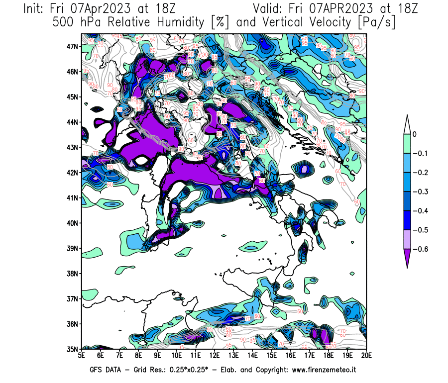 Mappa di analisi GFS - Umidità relativa [%] e Omega [Pa/s] a 500 hPa in Italia
							del 07/04/2023 18 <!--googleoff: index-->UTC<!--googleon: index-->