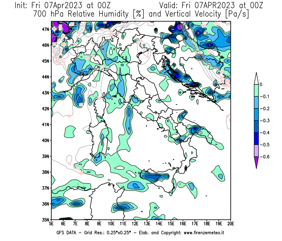 Mappa di analisi GFS - Umidità relativa [%] e Omega [Pa/s] a 700 hPa in Italia
							del 07/04/2023 00 <!--googleoff: index-->UTC<!--googleon: index-->