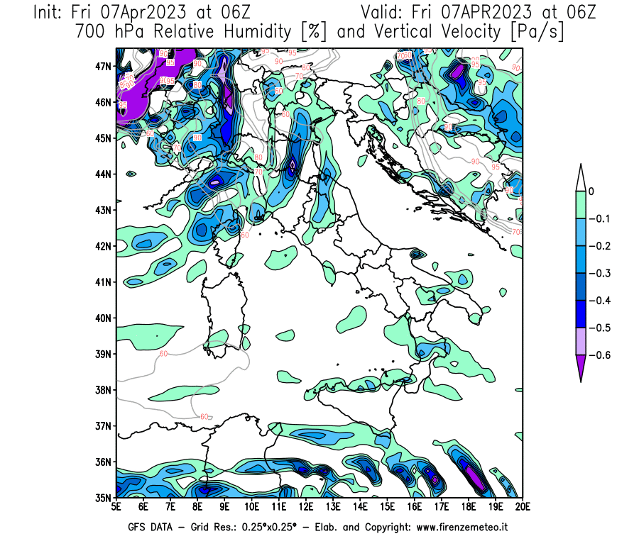 Mappa di analisi GFS - Umidità relativa [%] e Omega [Pa/s] a 700 hPa in Italia
							del 07/04/2023 06 <!--googleoff: index-->UTC<!--googleon: index-->