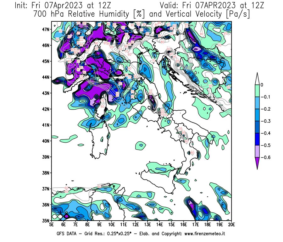 Mappa di analisi GFS - Umidità relativa [%] e Omega [Pa/s] a 700 hPa in Italia
							del 07/04/2023 12 <!--googleoff: index-->UTC<!--googleon: index-->