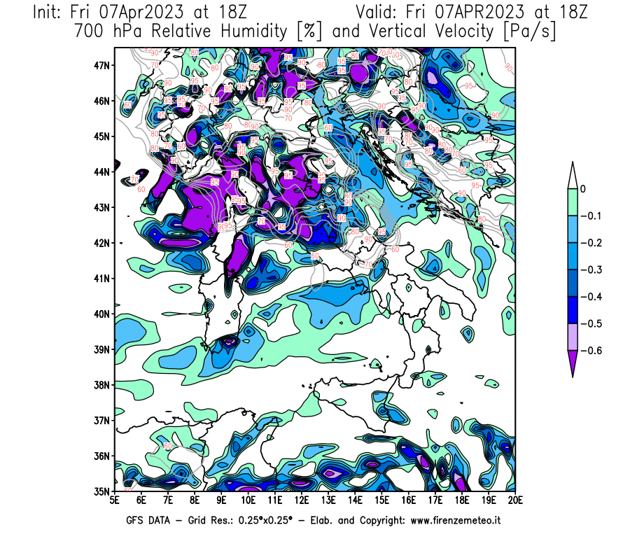 Mappa di analisi GFS - Umidità relativa [%] e Omega [Pa/s] a 700 hPa in Italia
							del 07/04/2023 18 <!--googleoff: index-->UTC<!--googleon: index-->