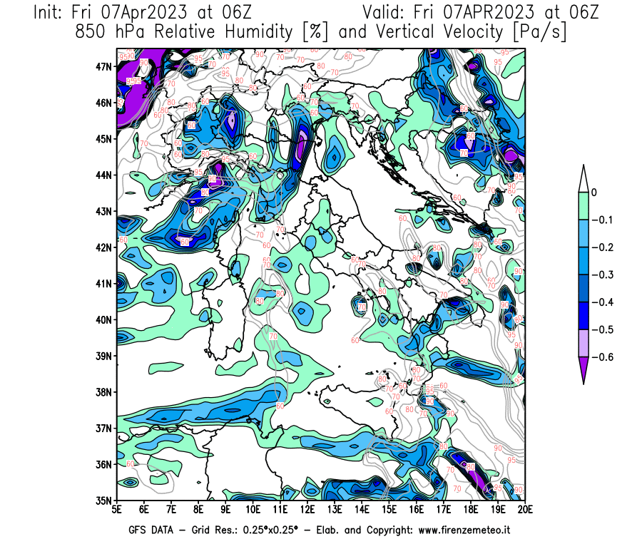 Mappa di analisi GFS - Umidità relativa [%] e Omega [Pa/s] a 850 hPa in Italia
							del 07/04/2023 06 <!--googleoff: index-->UTC<!--googleon: index-->