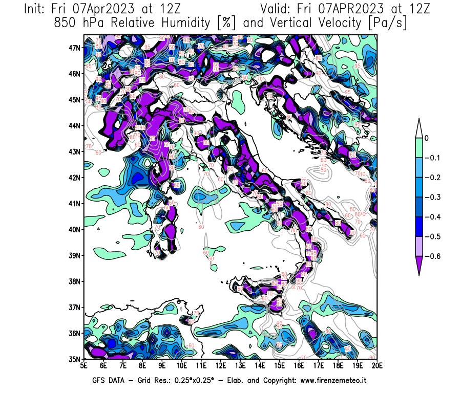 Mappa di analisi GFS - Umidità relativa [%] e Omega [Pa/s] a 850 hPa in Italia
							del 07/04/2023 12 <!--googleoff: index-->UTC<!--googleon: index-->
