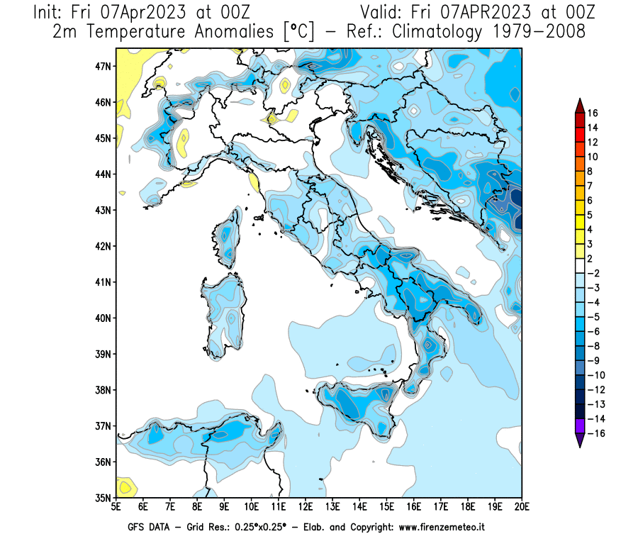 Mappa di analisi GFS - Anomalia Temperatura [°C] a 2 m in Italia
							del 07/04/2023 00 <!--googleoff: index-->UTC<!--googleon: index-->