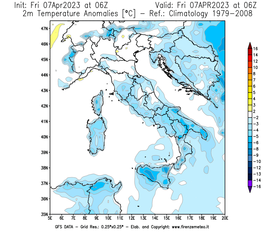 Mappa di analisi GFS - Anomalia Temperatura [°C] a 2 m in Italia
							del 07/04/2023 06 <!--googleoff: index-->UTC<!--googleon: index-->
